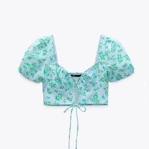Zara Floral Puff Sleeve Crop Top - Blue